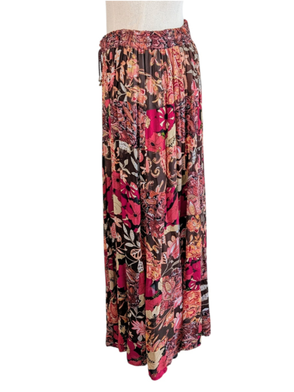 Boho Patchwork Maxi Skirt Sheer Tiered Patchwork Floral Sheet Festival India OS - Picture 5 of 11